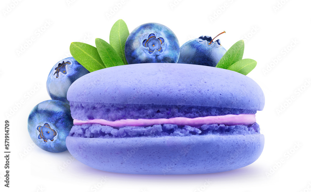 One blueberry flavored macaroon in front of pile of blueberries isolated on white background