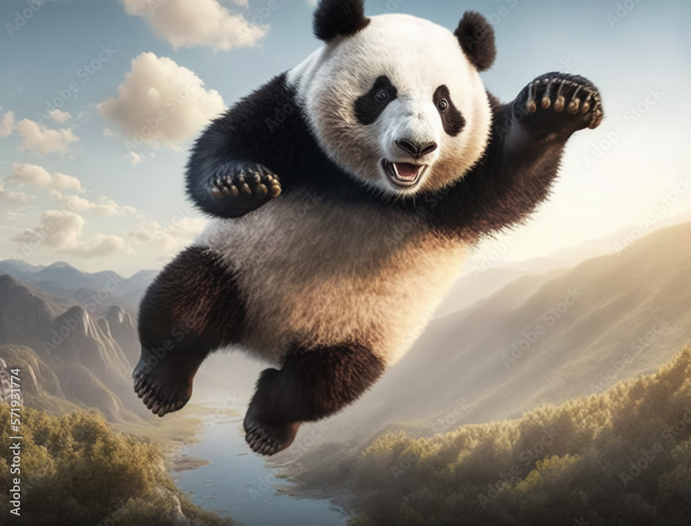 giant King_fu panda bear jumps high enjoying nature, on the top of mountains  with full Greenland  &