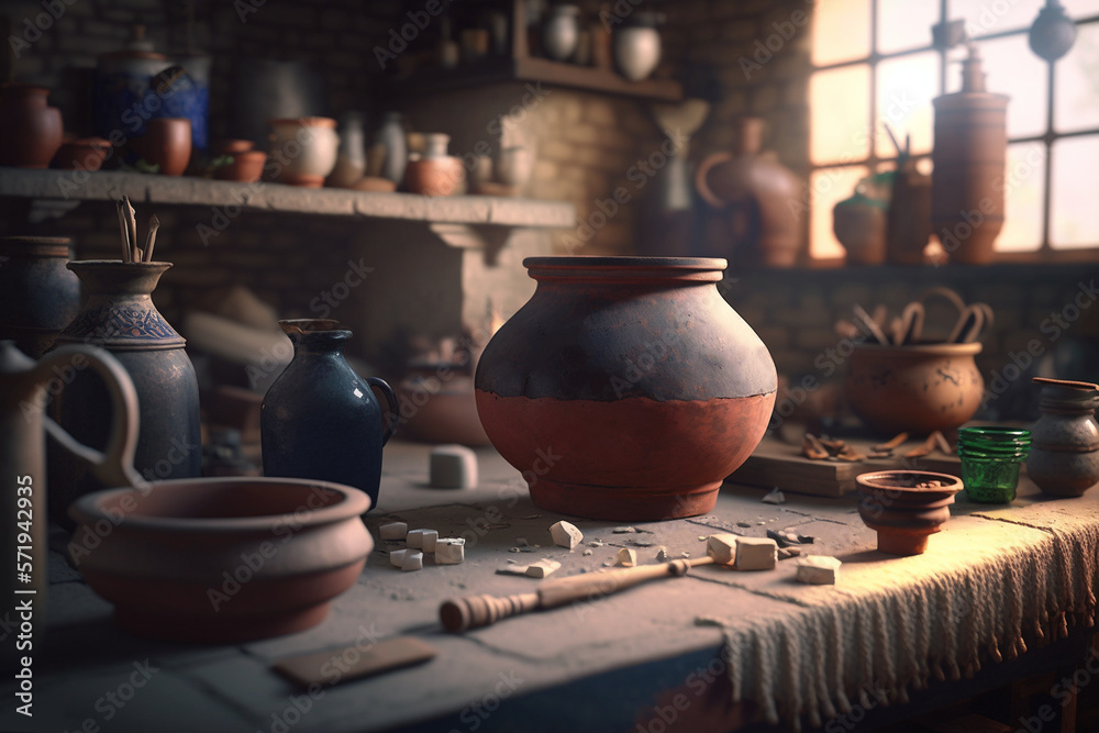 interior of a pottery workshop, created by a neural network, Generative AI technology