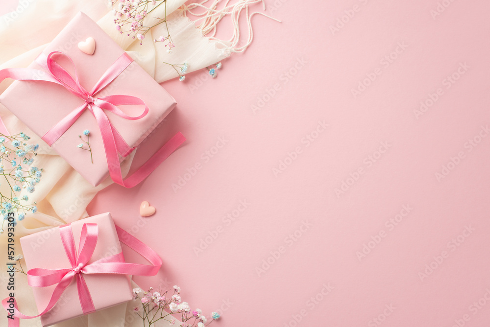 Spring concept. Top view photo of pink gift boxes with ribbon bows white scarf small hearts and gyps