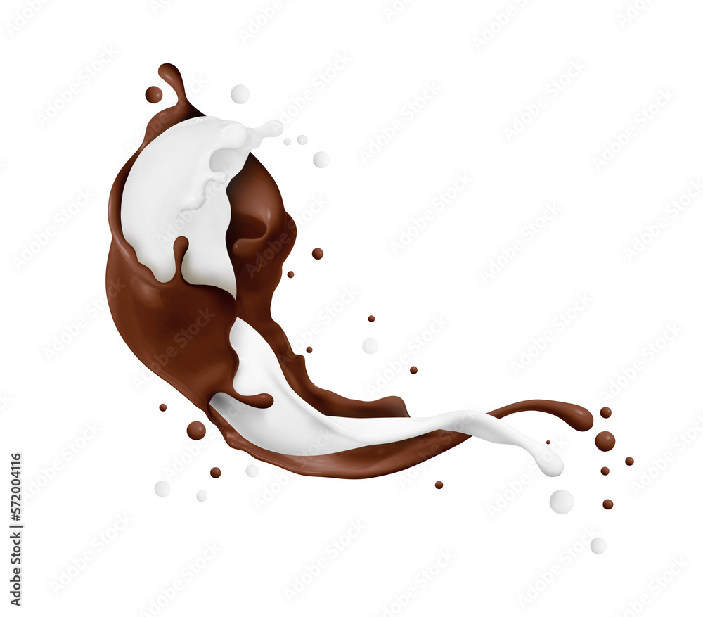 Beautiful splashes of chocolate and milk in the air isolated on white background