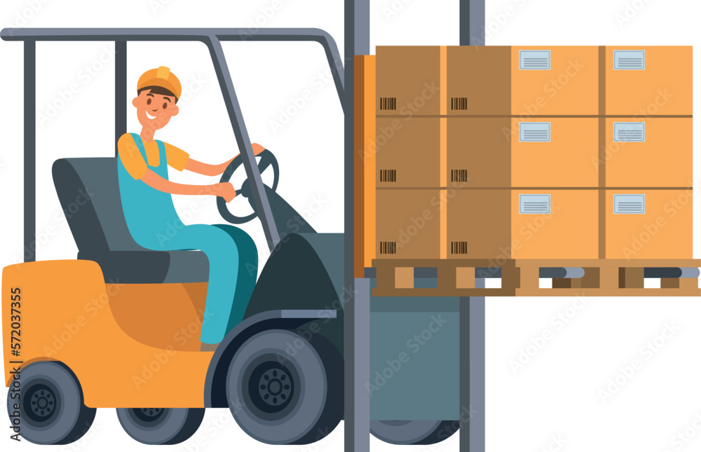 Warehouse worker riding forklift with cargo cardboard boxes