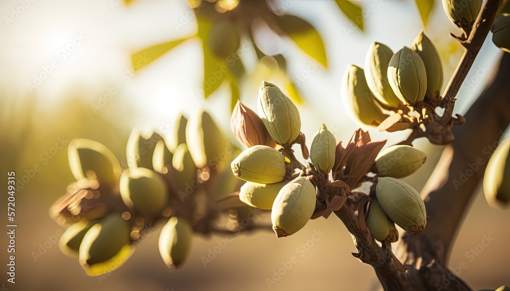 close up Almond nuts tree with sunlight, Generative Ai