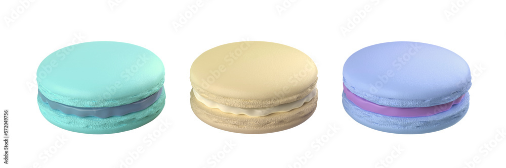 Three french macarons with different colors and flavors on transparent background