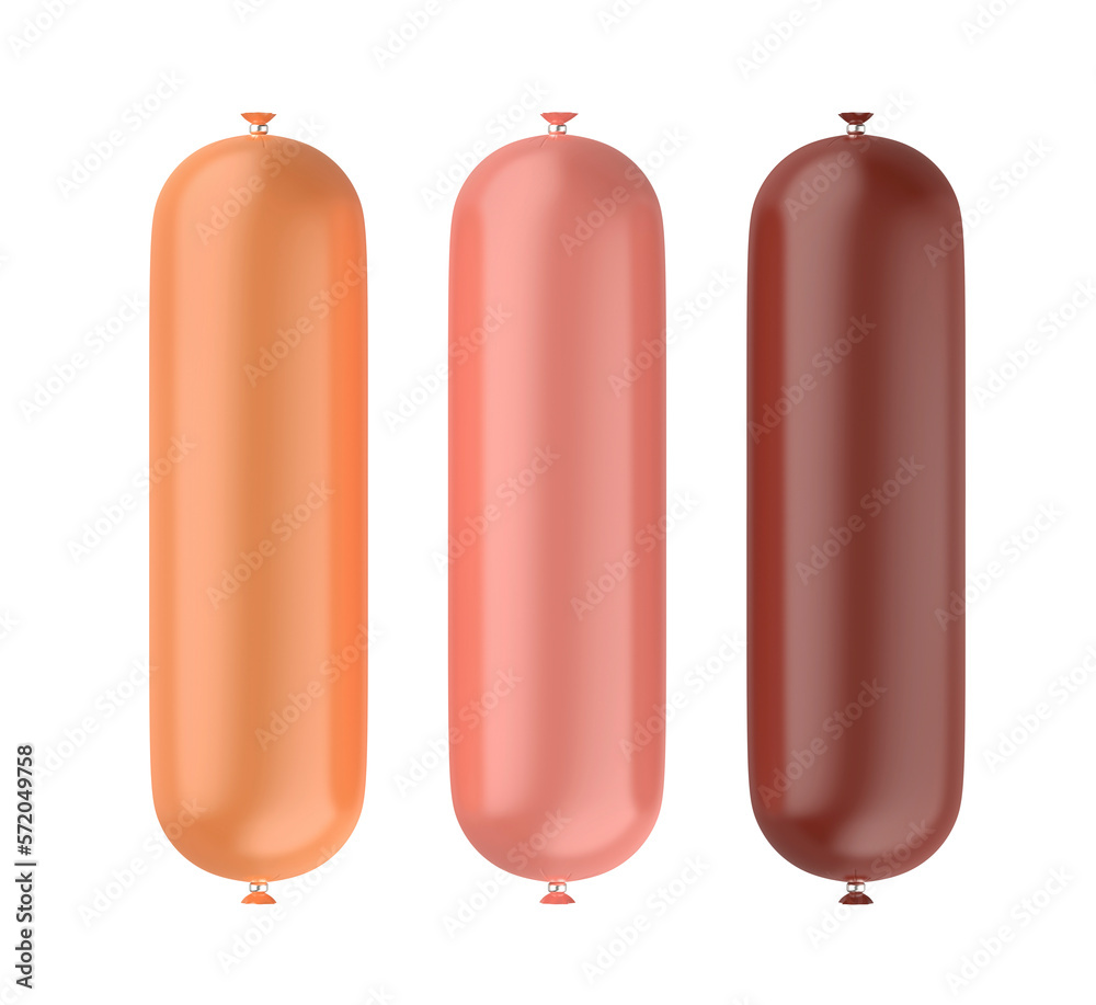 Three different sausages on transparent background