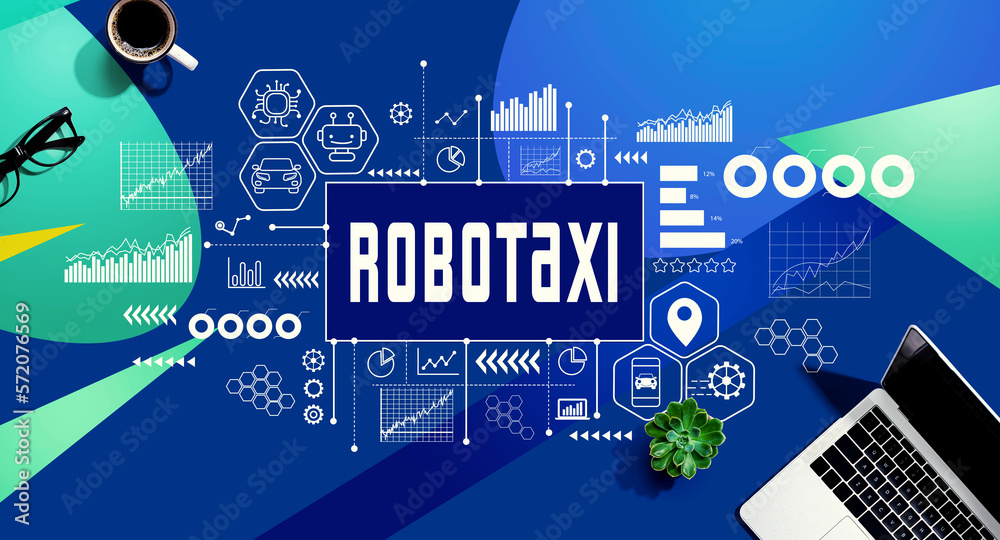 Robotaxi theme with a laptop computer on a blue and green pattern background