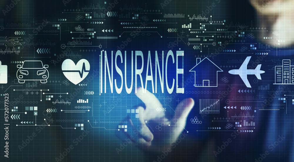 Insurance concept with young man touching a digital screen at night