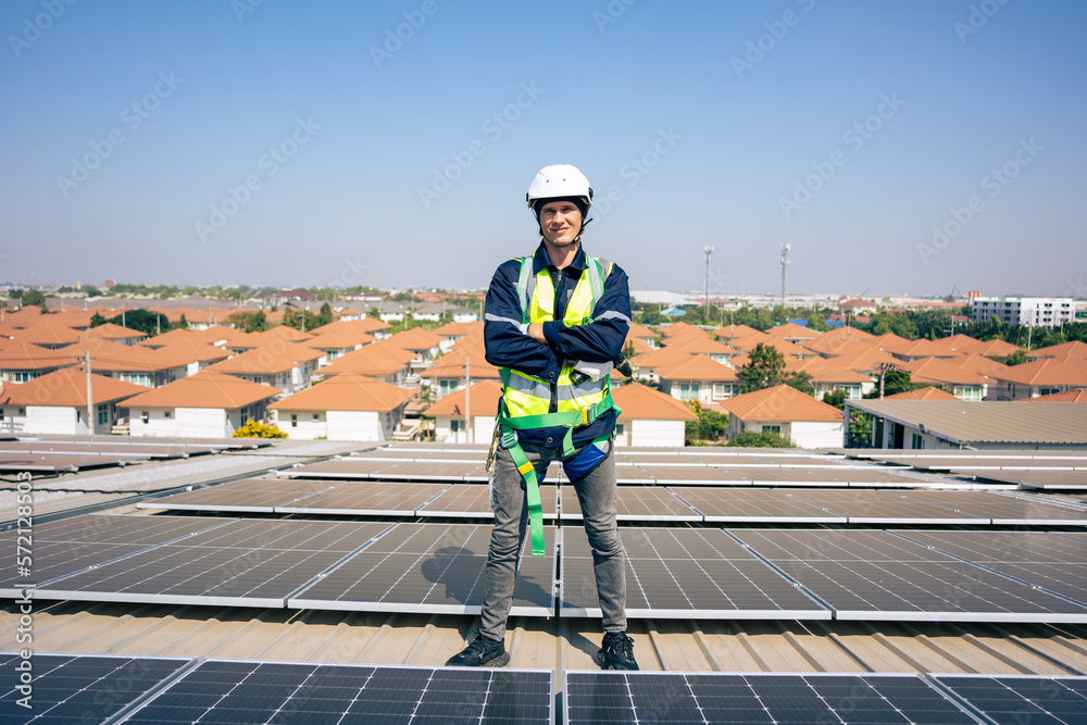 Professional engineer work to maintenance of photovoltaic panel system