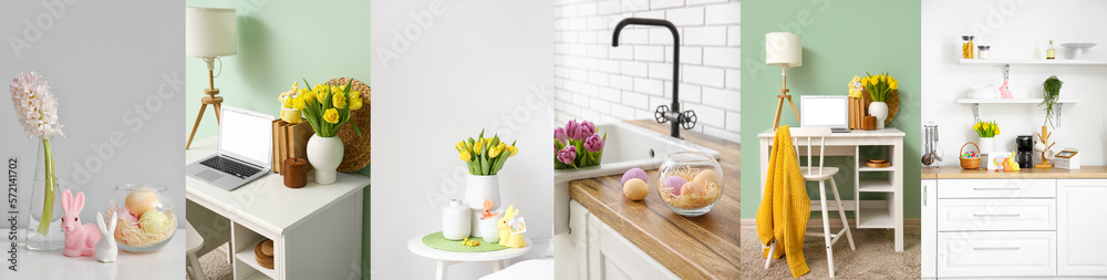 Collage of domestic interiors decorated for Easter celebration