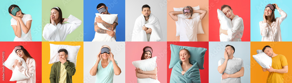 Collage of different people with bedding and sleep masks on color background