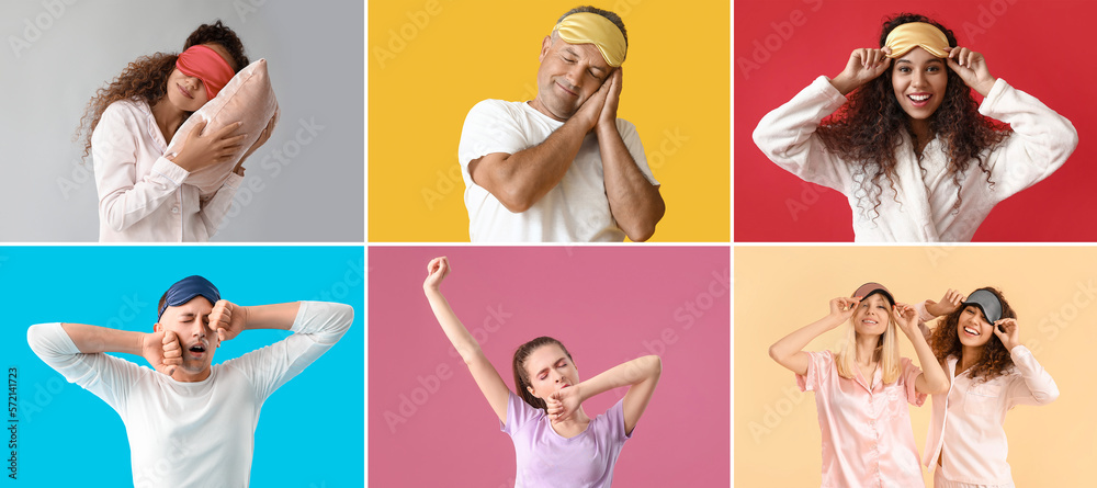 Collage of different people with pillows and sleep masks on color background