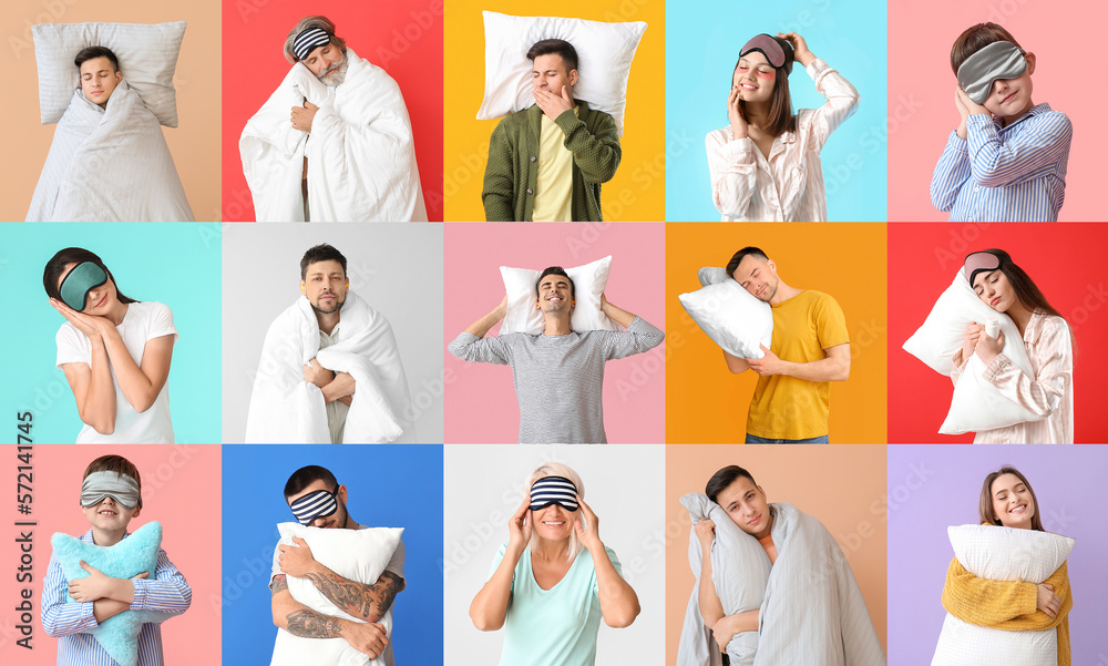 Collage of different people with bedding and sleep masks on color background