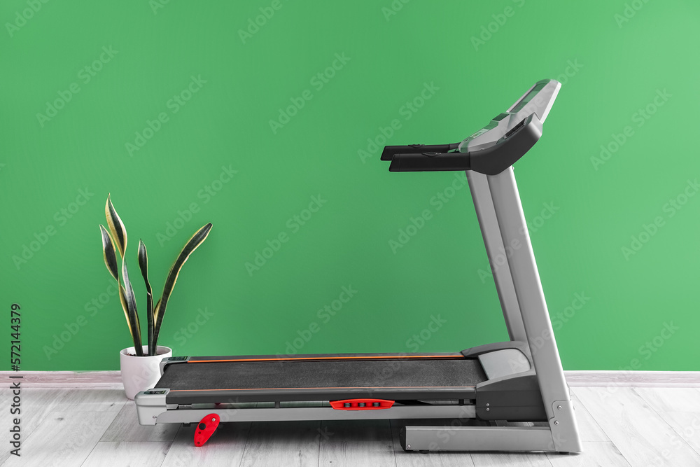 Modern treadmill and houseplant near green wall