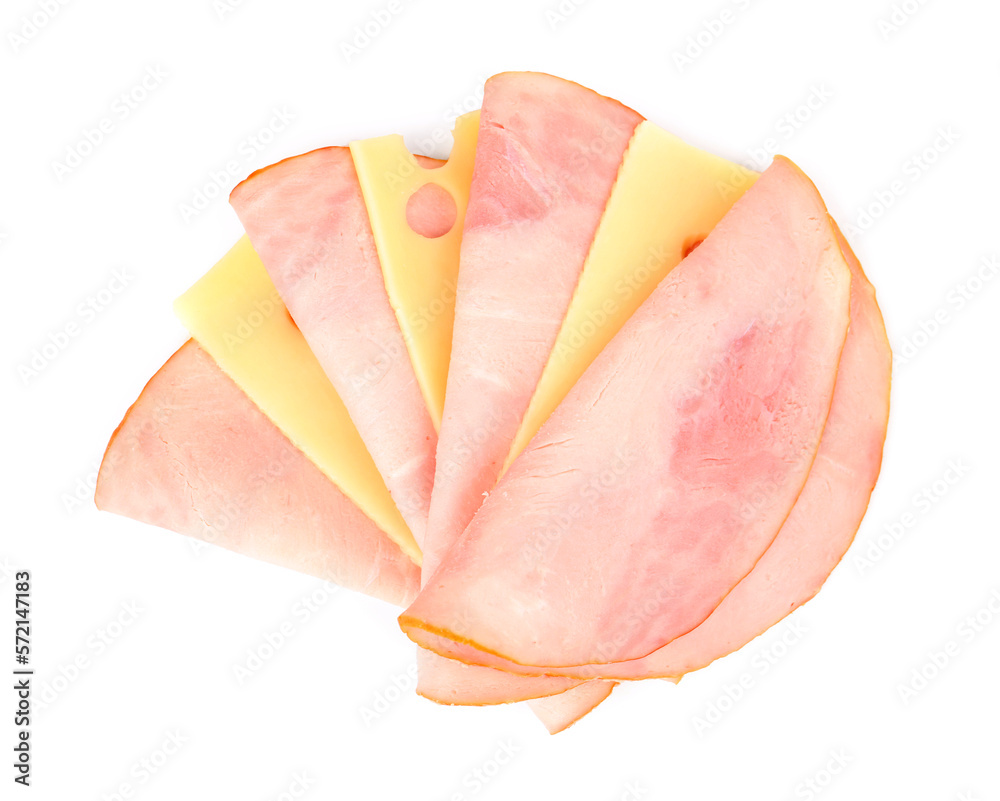 Tasty slices of ham and cheese isolated on white background