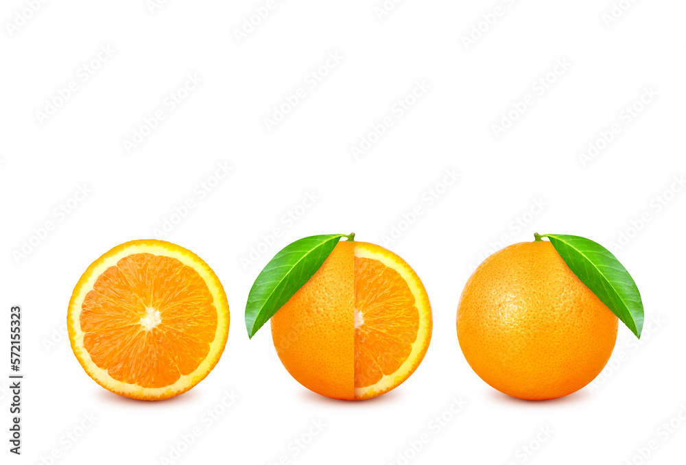 Orange with cut in half and green leaves isolated on white background.