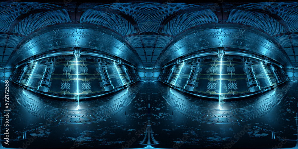 HDRI panoramic view of dark blue spaceship interior. High resolution 360 degrees panorama reflection