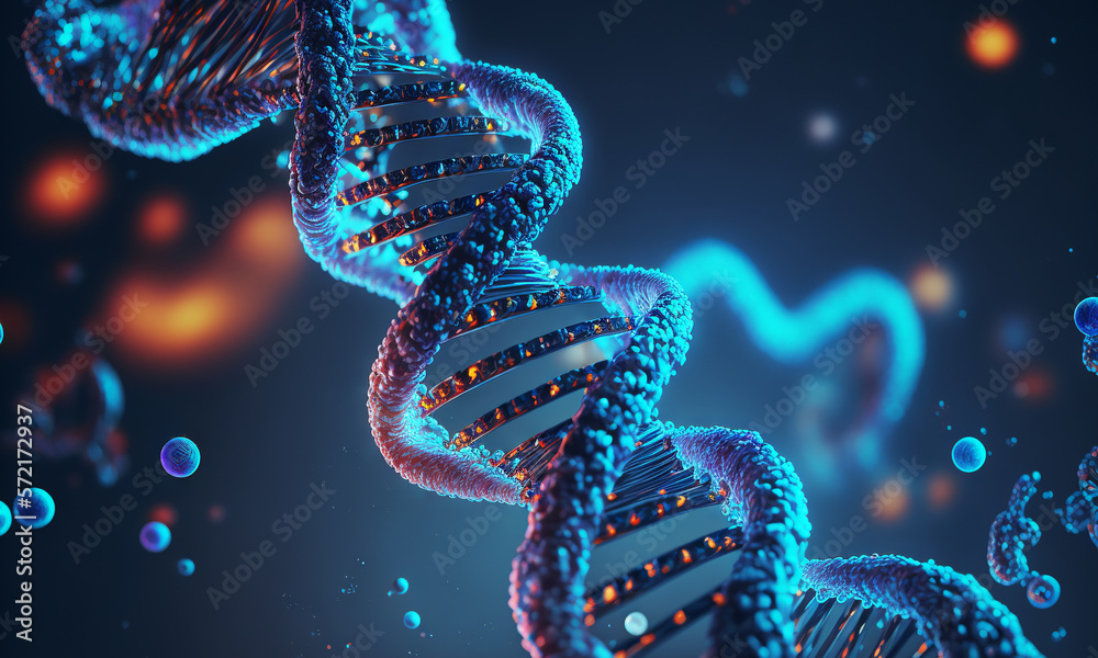 Concept of the evolution of human DNA in the distant future. View under the microscope. Blue helix b