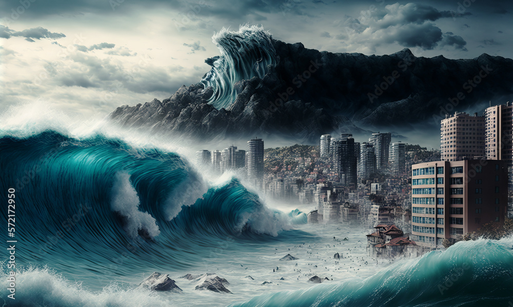 Huge tsunami destroying a city. Dramatic scenery with a big wave flooding the lanscape. Natural disa