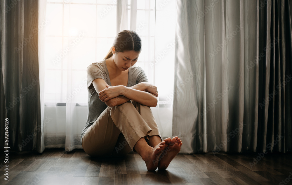 woman sit Depression Dark haired  pensive glance Standing by window and anxiety Copy space. ..