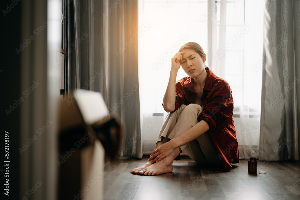 woman sit Depression Dark haired  pensive glance Standing by window and anxiety Copy space. ..