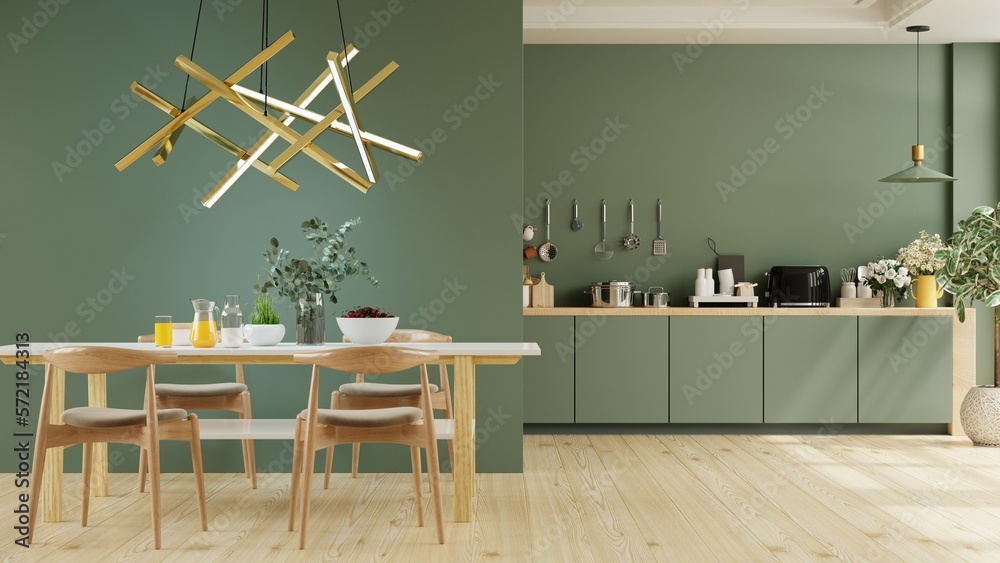 Modern dark green kitchen and minimalist interior design.