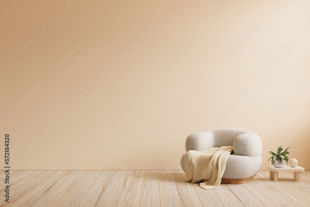 Cream color wall mock up in warm tones with armchair and decoration minimal.