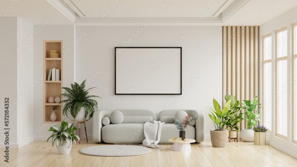 Black frame mockup in boho living room interior background with gray sofa.