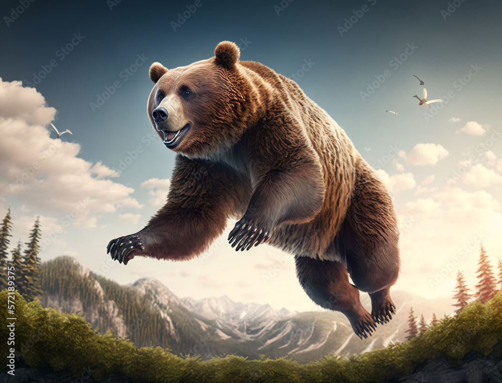 giant Bhumboo bear jumps high enjoying nature, on the top of mountains with full Greenland & bright 