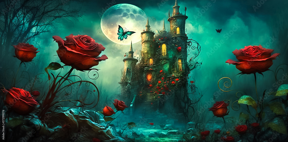 Fantasy night landscape with castle, red roses and moon. Cartoon fairytale illustration.