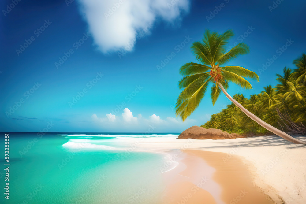 Beautiful seascape tropical beach with yellow sand and palm tree leaning towards turquoise water of 