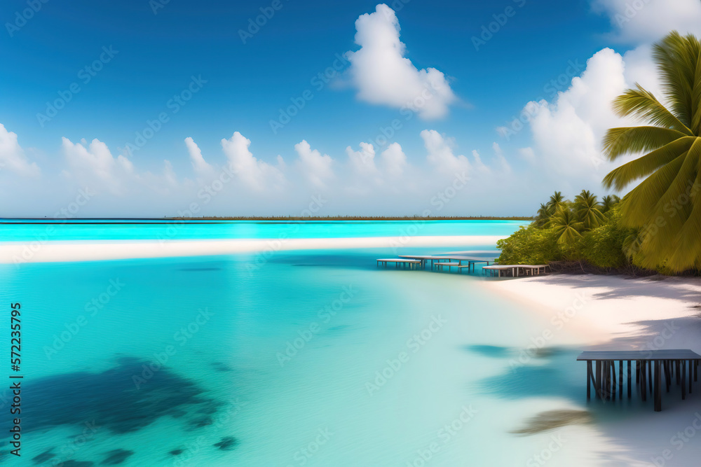 Beautiful seascape tropical beach with white sand and palm tree, turquoise water of ocean on bright 