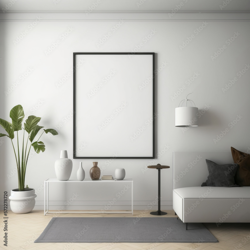 Living room with white couch and large picture frame. Generative AI.