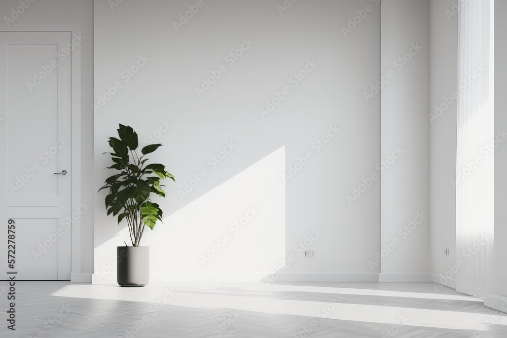 White room with potted plant in the corner. Generative AI.