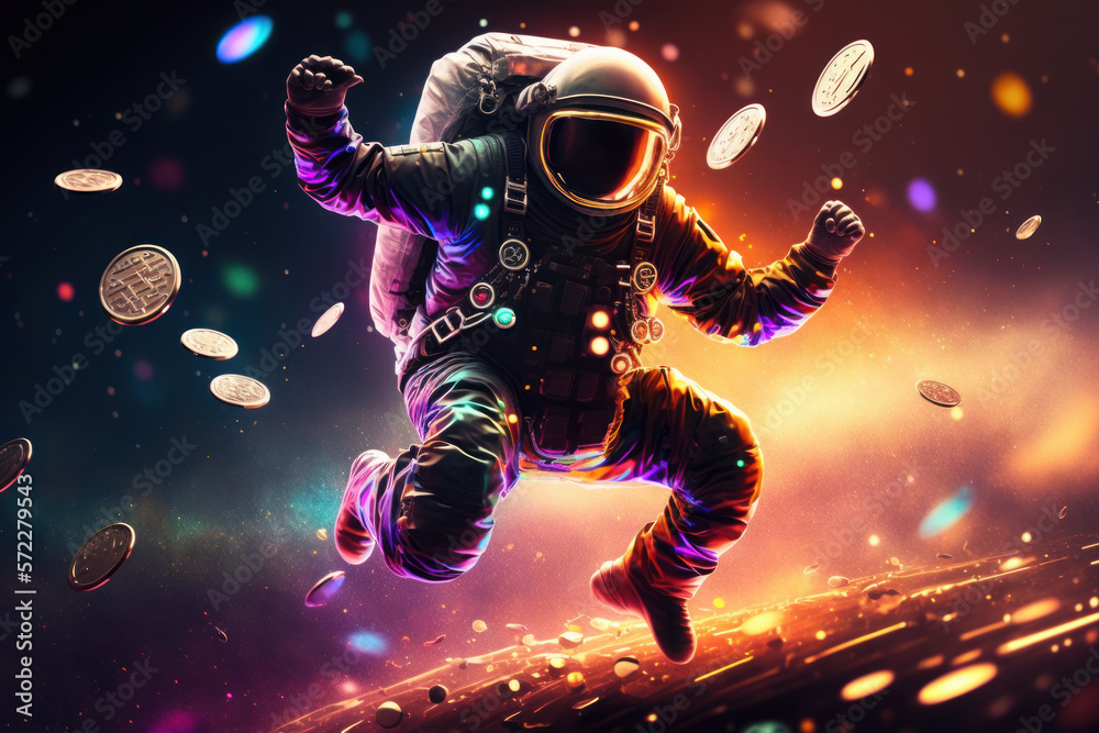 Man in space suit is flying through the air. Generative AI.