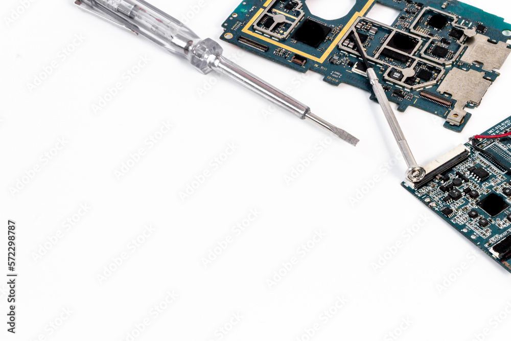 Tweezer with microchip on circuit board. Tech support or repair servise concept