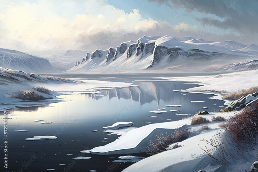 Arctic snowy landscape, ice and meltwater. Small mountains of stone covered with snow. Generative AI