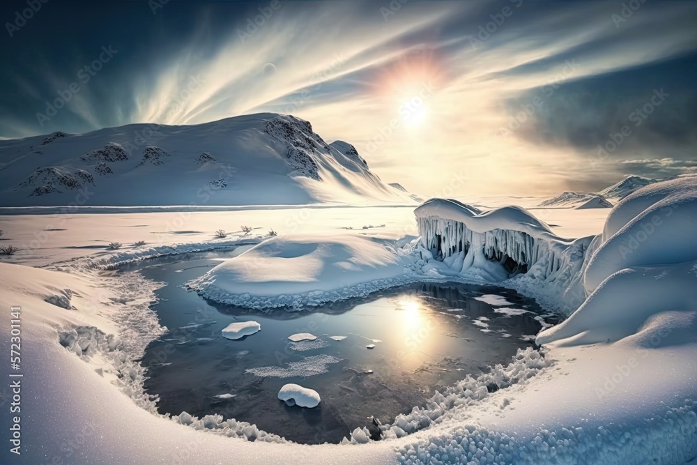 Arctic snowy landscape, ice and meltwater. Small mountains of stone covered with snow. Generative AI