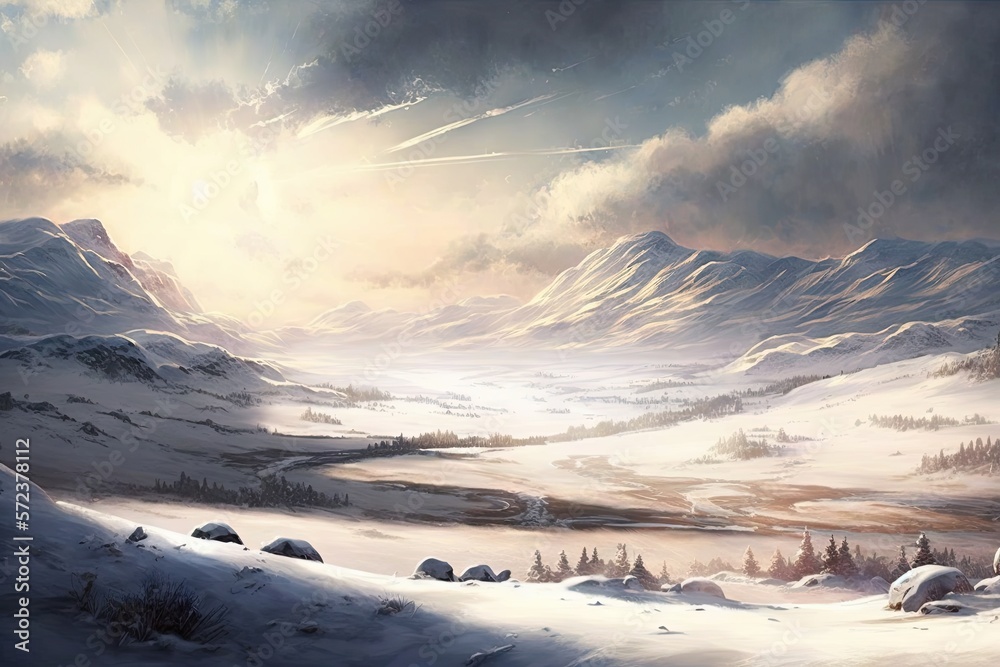 Snow-covered winter landscape depicting a vast plain or valley, with mountains visible in the distan