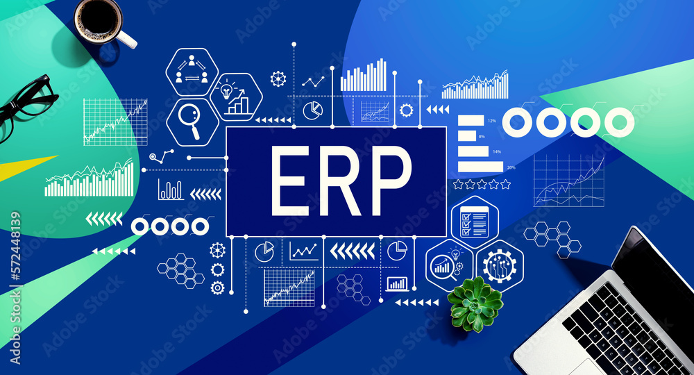 ERP - Enterprise resource planning theme with a laptop computer on a blue and green pattern backgrou