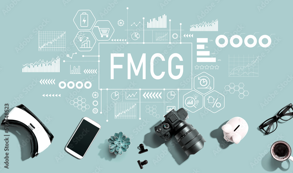 FMCG - Fast Moving Consumer Goods theme with electronic gadgets and office supplies - flat lay