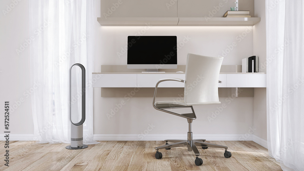 Built in beige working desk with computer, shelf, leather office chair, air multiplier fan, cream wa