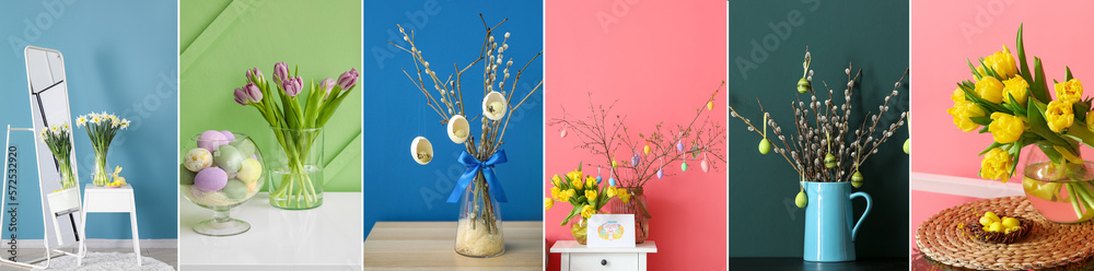 Collection of stylish Easter decorations near color walls in room interiors