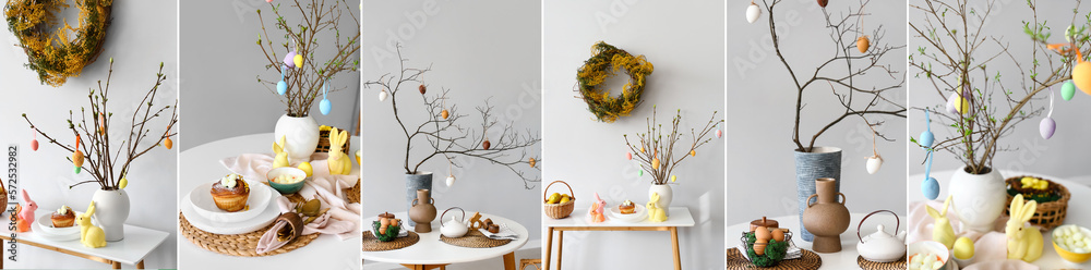 Collage of stylish Easter decorations in light interior of dining room