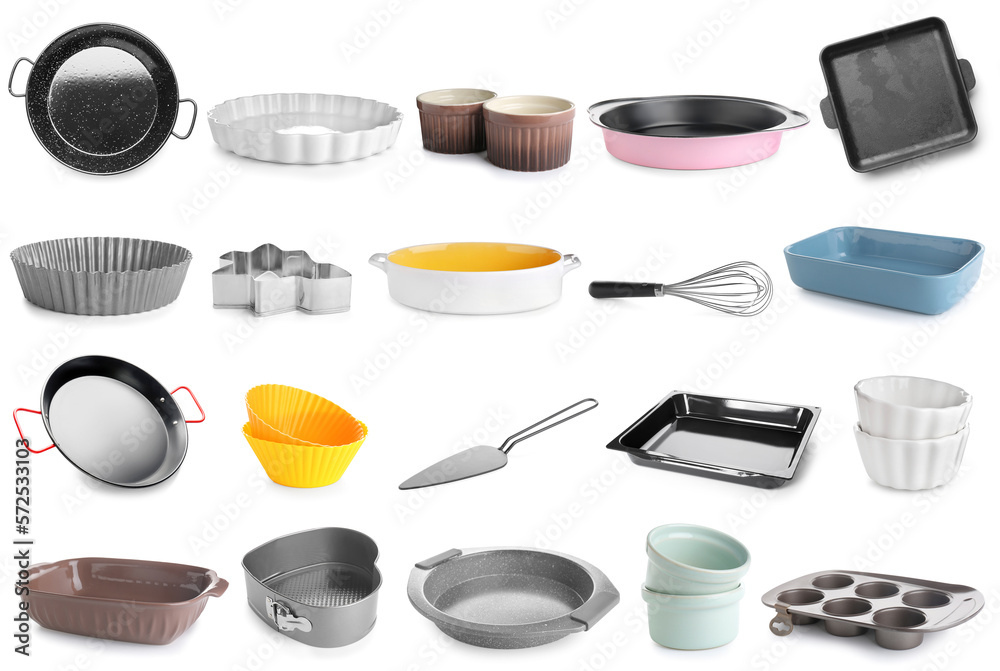 Set of baking utensils on white background