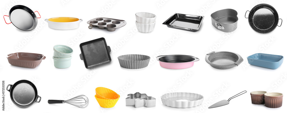 Collage of baking utensils on white background