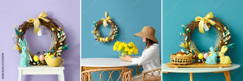 Collage of beautiful Easter wreath and decorations near color walls in room interiors