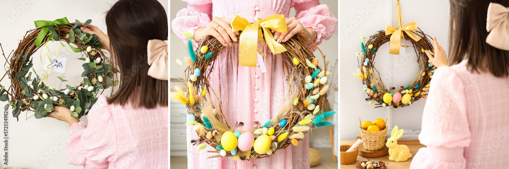 Collage of woman with beautiful Easter wreaths at home