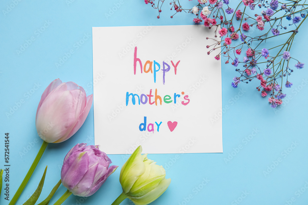 Card with text HAPPY MOTHERS DAY and flowers on color background