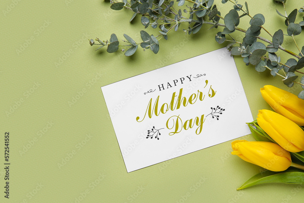 Card with text HAPPY MOTHERS DAY, tulip flowers and eucalyptus branches on green background