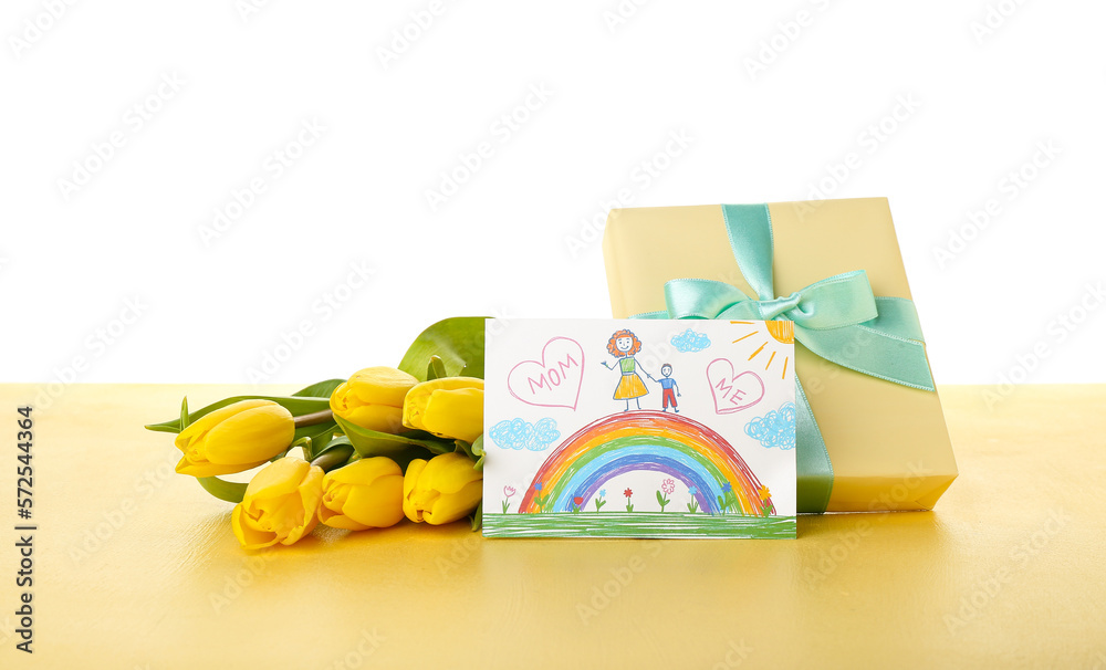 Greeting card for Mothers Day, tulips and gift on table against white background